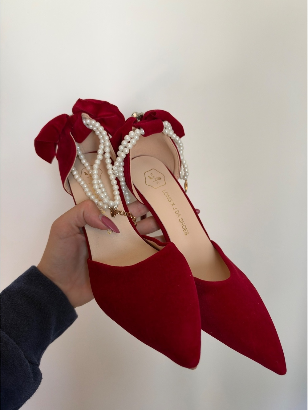 Long X JDA Shoes Red Velvet Pearl Bow Pointed Toe Heels Size 38